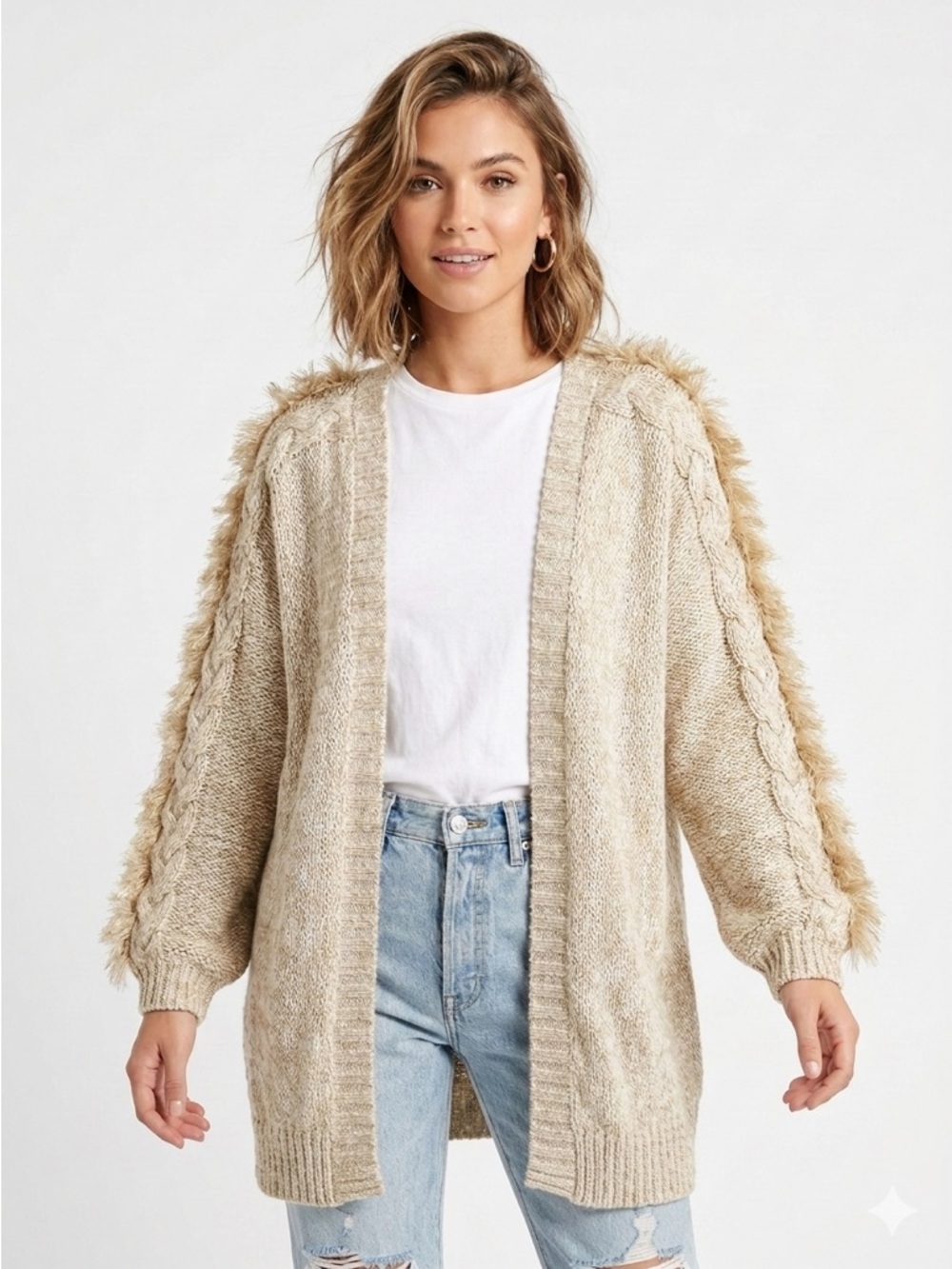 Anthropologie Fuzzy-Trim Open Cardigan - Beige